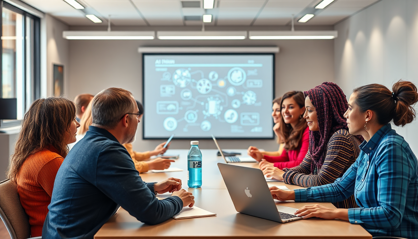 A photorealistic image depicting an AI training session, with participants learning about AI concepts and tools. The scene emphasizes the interactive and engaging nature of AI training. The lighting is bright and encouraging, creating a positive learning environment. Use a diverse and inclusive color palette to represent different backgrounds and perspectives.